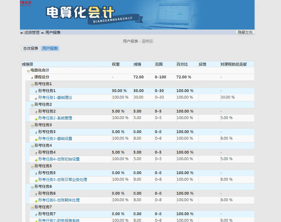 国开网电算化会计1-7任务成绩截图